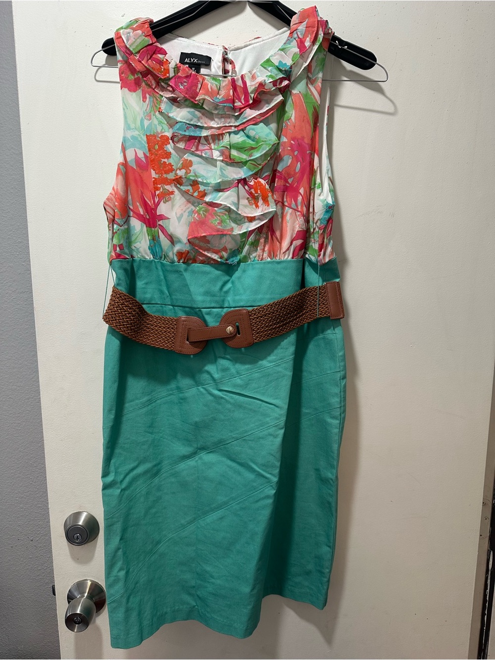 ALYX Floral Ruffle Bodice Teal Sheath Dress with Brown Belt